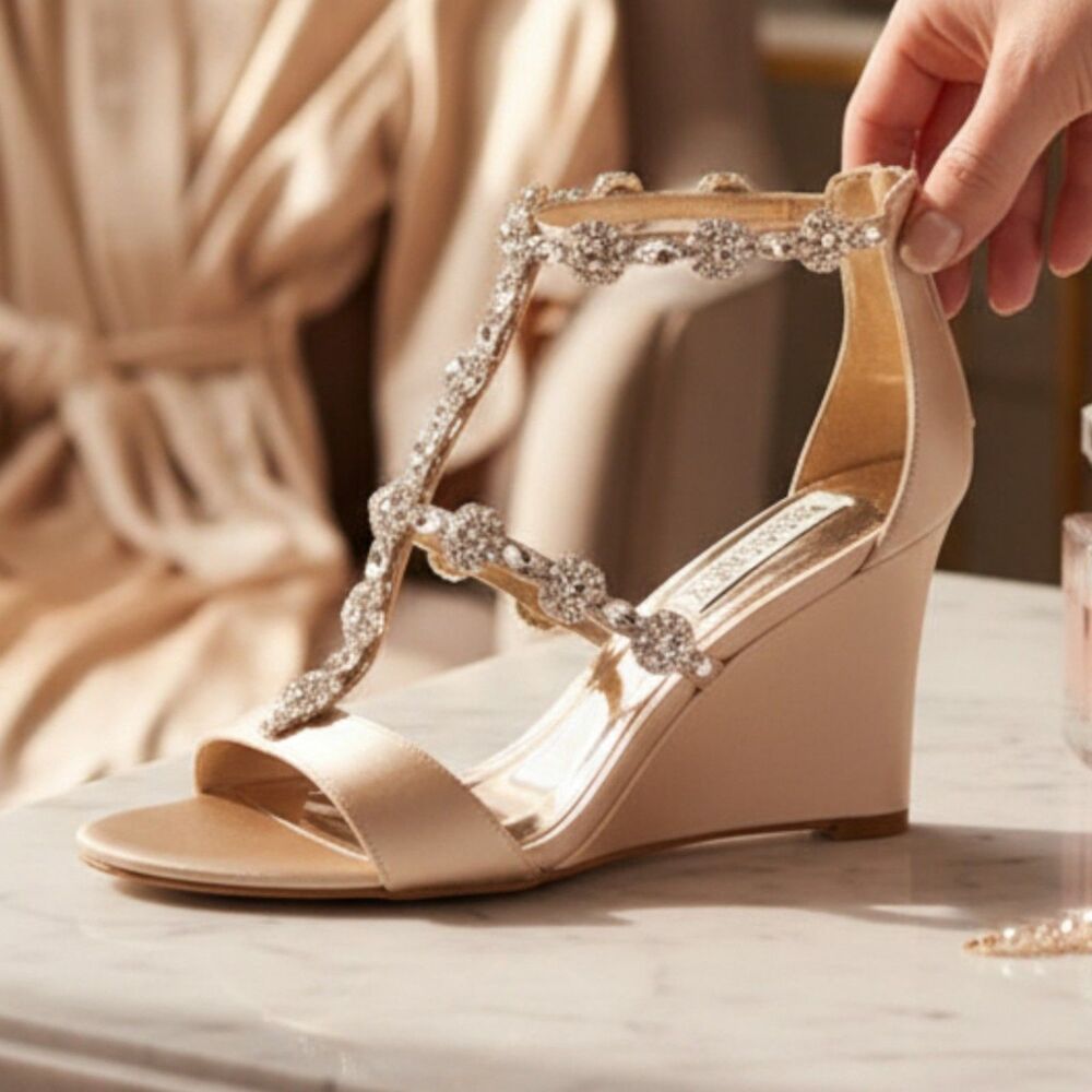 Badgley Mischka Ethereal Angelcore Tabby Satin Embellished Wedges